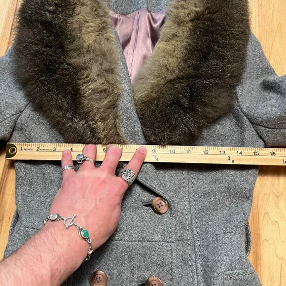 VINTAGE 70s Wool Peacoat Size S Fox Fur Collar Belted Hollywood Double Breasted - Picture 3 of 9